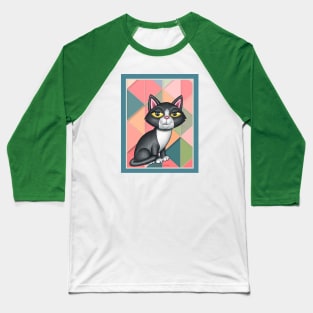 Black white kitty cat on art deco in greens and orange Baseball T-Shirt